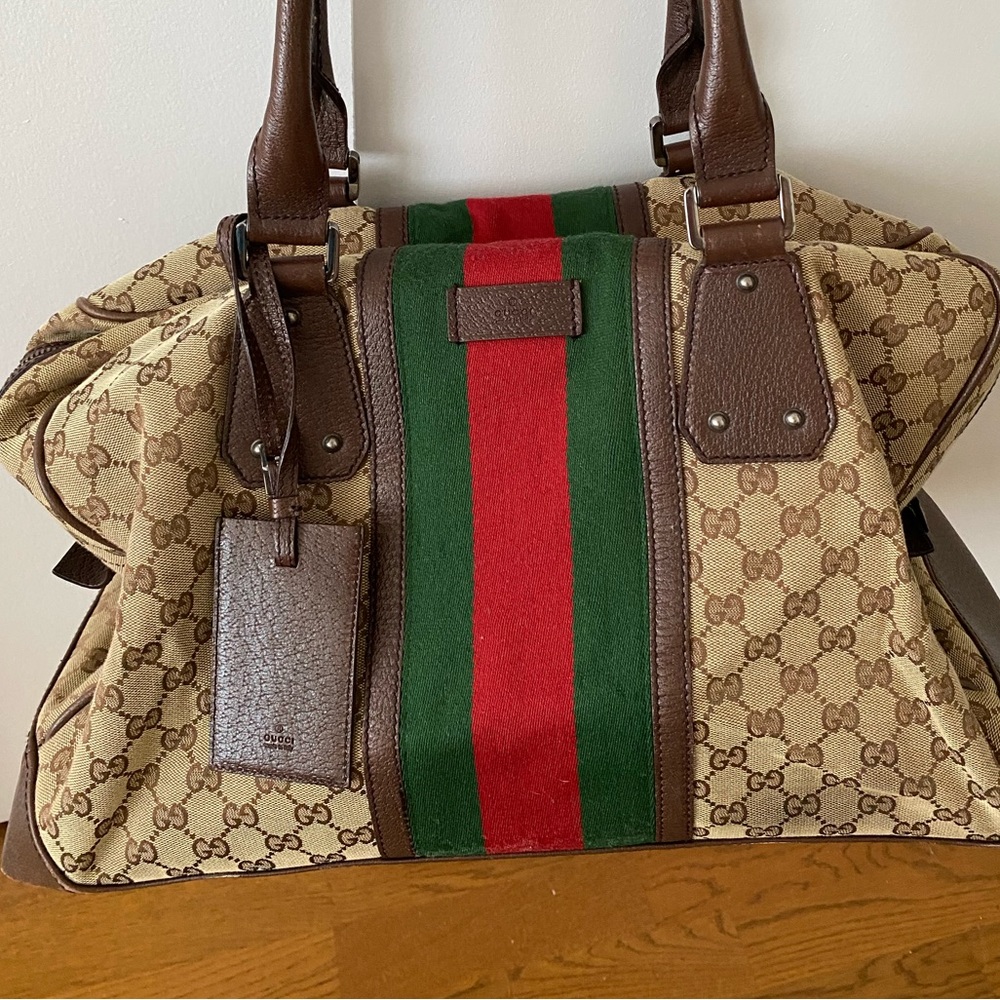 Gucci Beige and Brown Duffel Bag with Red and Green Stripe